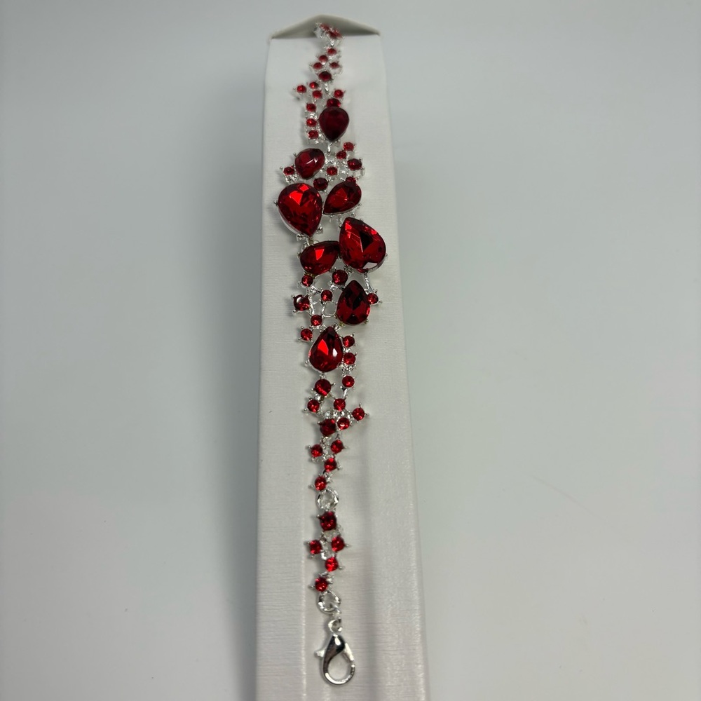 Red Crystal Rhinestone Teardrop Bridal Party Silver Tone Bracelet